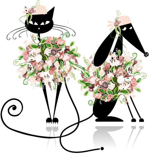 illustrazioni stock, clip art, cartoni animati e icone di tendenza di glamour gatto e cane in abiti floreali per il tuo design - outline flower style whisker