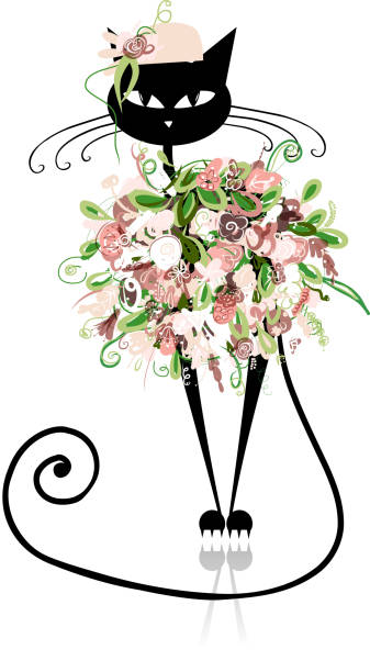 illustrazioni stock, clip art, cartoni animati e icone di tendenza di gatto glamour in abiti a fiori per il design - outline flower style whisker