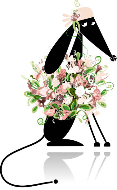 illustrazioni stock, clip art, cartoni animati e icone di tendenza di glamour cucciolo in abiti floreali per il tuo design - outline flower style whisker