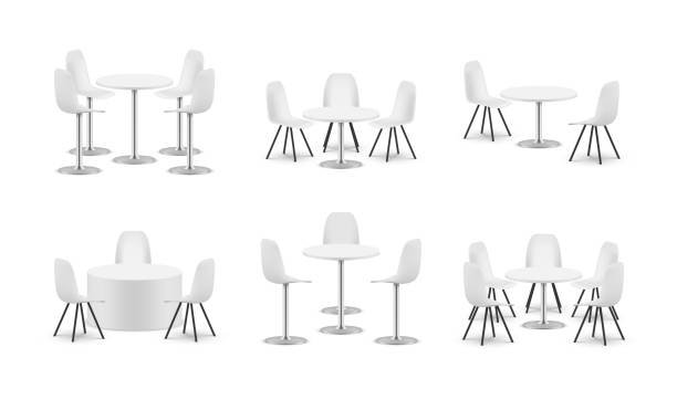белые сиденья и стол для переговоров, набор для выставки или конференции, реалистичная векторная иллюстрация - meetup stock illustrations