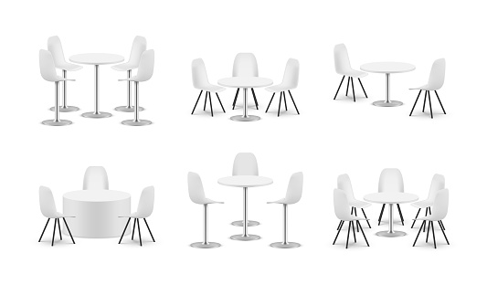 White seats and table for negotiations exhibition or conference set realistic vector illustration. Empty modern round desk and chair for corporate colleague arrangement company business meetup