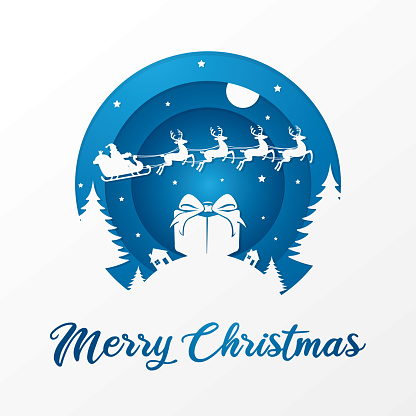 Blue coloured paper cut Santa Claus and flying reindeers illustration with big gift box and Merry Christmas text isolated on white background.