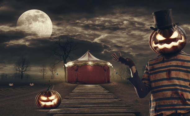 istock Creepy circus tent and scary character 1757851180