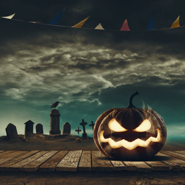 istock Funny Halloween pumpkin on a wooden deck 1757851726