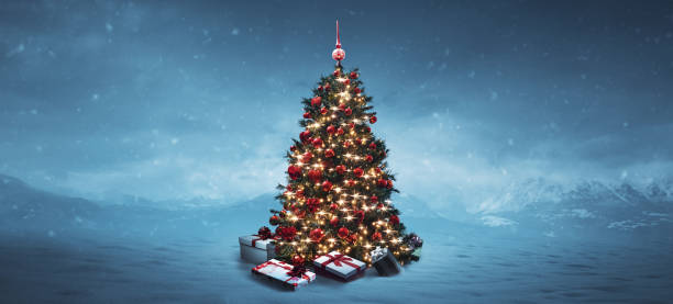 istock Wintry landscape, decorated Christmas tree and gifts 1757854441