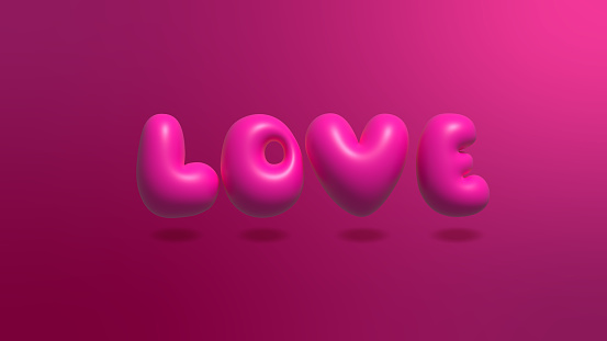 Valentine Banner With 3d Letters Love And Heart, Abstract Background, 3D Balloon Effect. 3d Render Design element for Valentine's Day Concept.