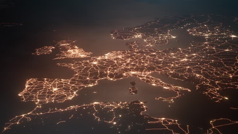 Europe At Night - City Lights And Transportation Routes - Global Business, Economy, Supply Chain