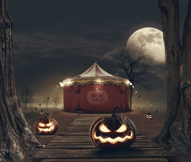 istock Scary circus tent and Halloween pumpkins 1757859008