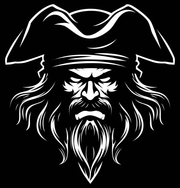 Pirate Portrait Black and White Monochrome depiction of fierce pirate with prominent beard, intense eyes, and tricorn hat, exuding menace and determination against black background. long beard stock illustrations