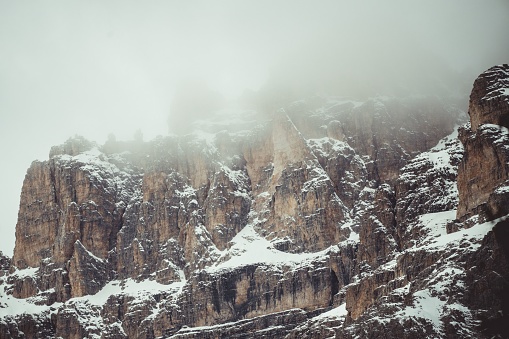 A beautiful shot of the snowy Dolomites Mountains in the winter
