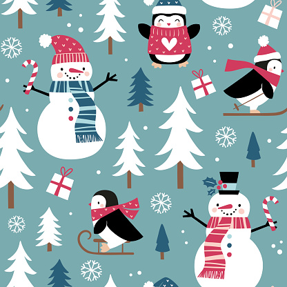 istock Seamless vector pattern with cute winter penguins, snowmen, snowflakes and pine trees. Hand drawn  Christmas wallpaper design. Perfect for textile, wallpaper or nursery print design. 1757870051