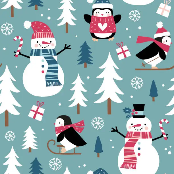 Vector illustration of Seamless vector pattern with cute winter penguins, snowmen, snowflakes and pine trees. Hand drawn  Christmas wallpaper design. Perfect for textile, wallpaper or nursery print design.