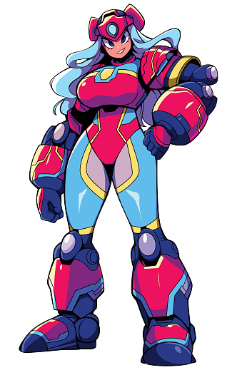 Manga style illustration of confident female character in vibrant mech suit standing on white background.