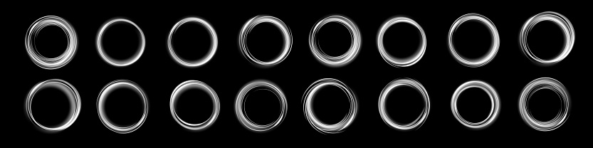 Set of white round frames isolated on black background. Light efects in the form of portal. Vector illustration.