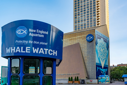 The New England Aquarium in Downtown Boston on the harbour, Boston, Massachusetts, USA.