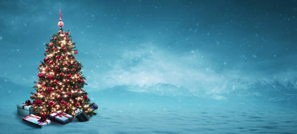 istock Wintry landscape, decorated Christmas tree and gifts 1757872853