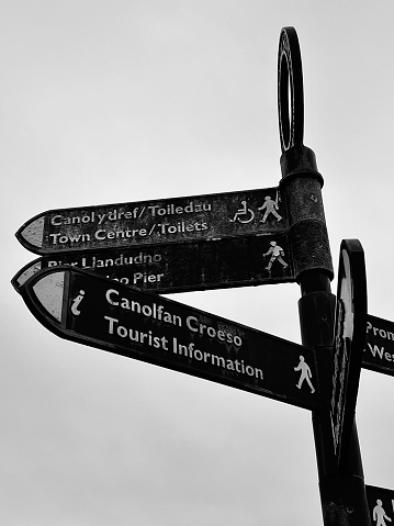 Victorian style direction street signs at Llandudno in Wales