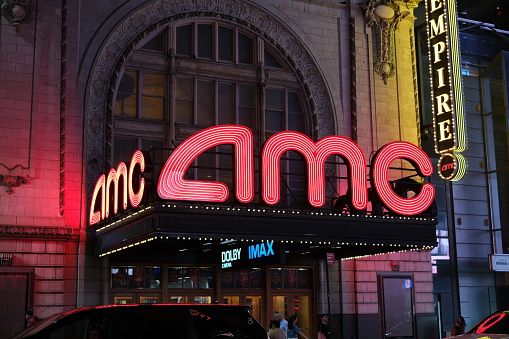 New York, USA - September 14, 2023: AMC sign near times square lit up at night
