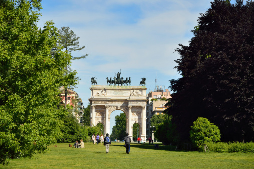 City park in Milan with triumphal arch