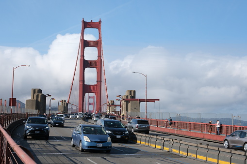 San Francisco, USA - September 17, 2023: Golden Gate Bridge with cars and people going across