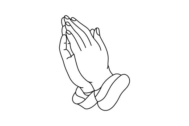 Praying hands line silhouette. Vector minimalist linear illustration. Praying hands line silhouette. Vector minimalist linear illustration. Isolated on white background heaven and jesus drawing stock illustrations
