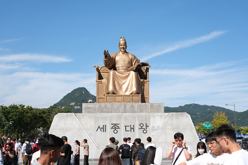 Seoul, South Korea - September 29, 2023: Statue of King Sejong the Great near Gyeongbokgung Palace