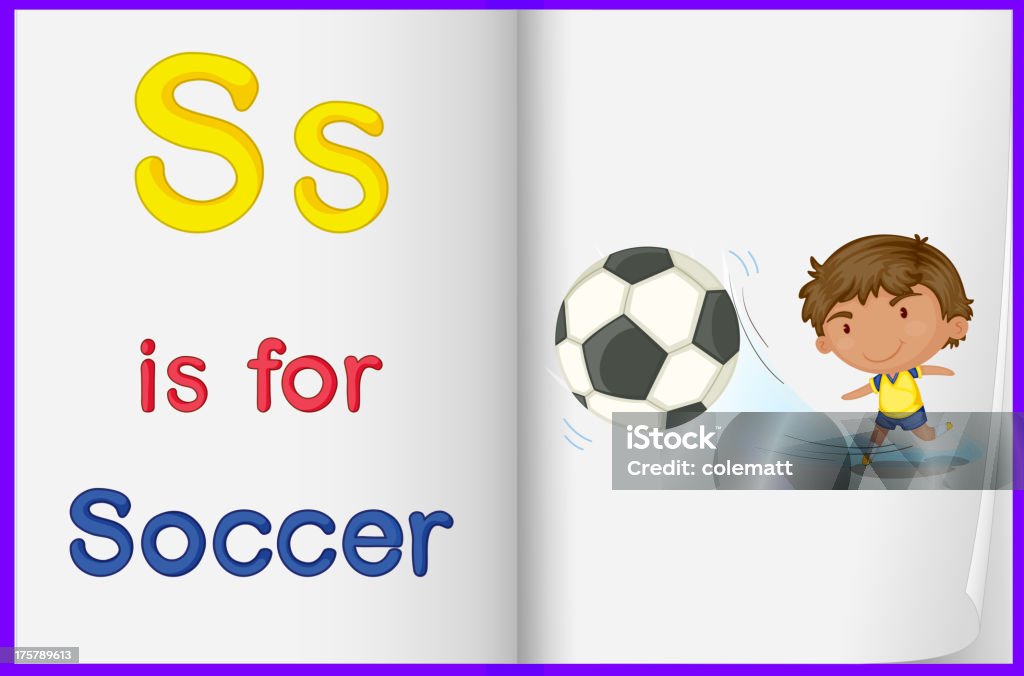 Картина ребенка играть в футбол в книге - Векторная графика Буква S роялти-фри