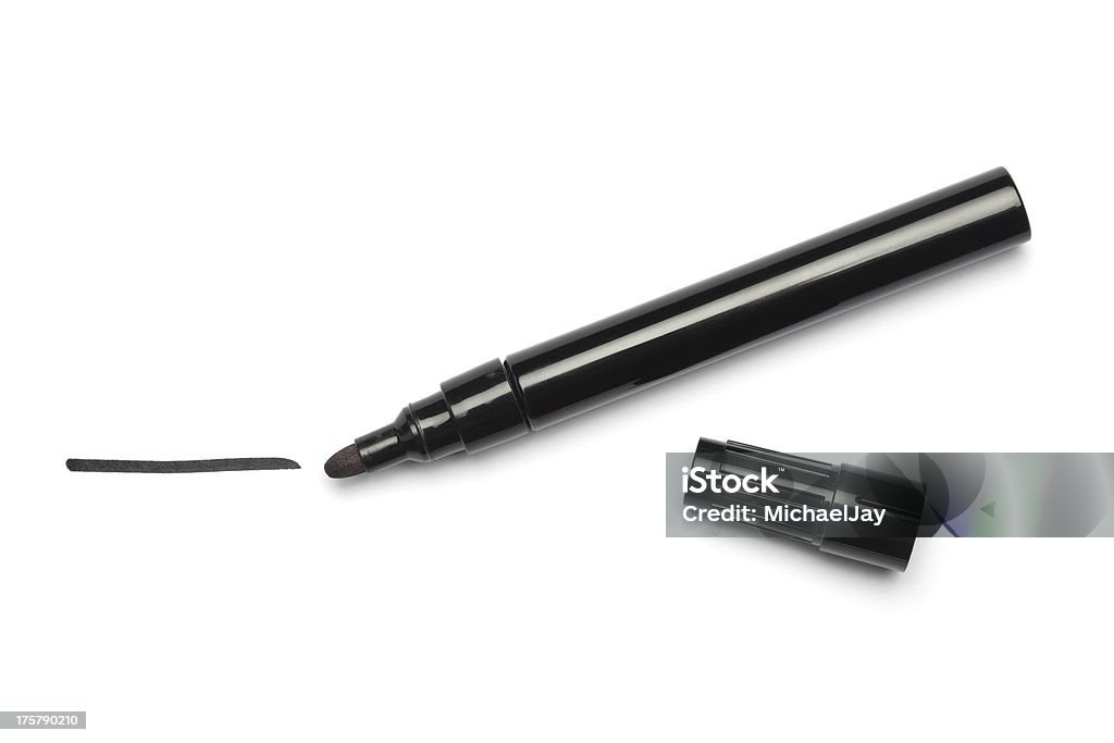 Black pen and line Think black pen and a hand drawn line, isolated on white background. Felt Tip Pen Stock Photo