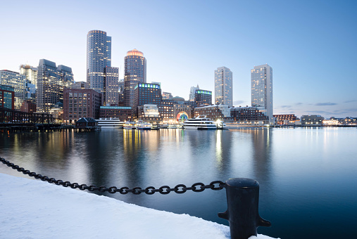 Boston Skyline with Financial District and Boston Harbour at Sunset, USA