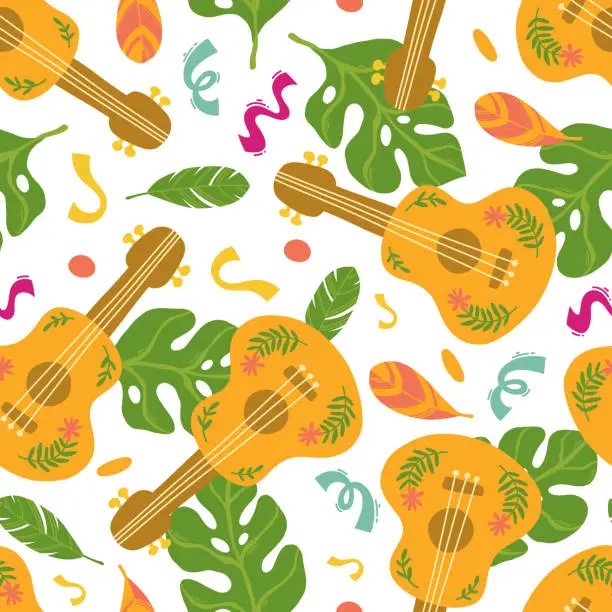 Vector illustration of Yellow guitar and monstera seamless pattern