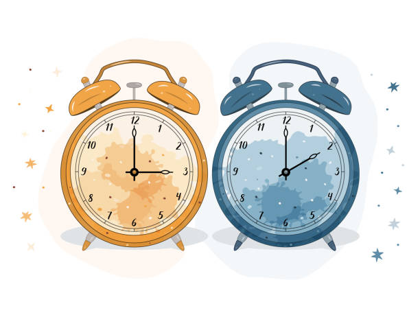 ilustracja przedstawiająca dwa budziki. niebieski symbolizuje zimę, pomarańczowy jesień. symbol regulacji czasu. stare tradycyjne budziki mechaniczne. - clock face old time number 2 stock illustrations