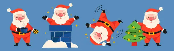 Vector illustration of Set of illustrations with funny Santa Claus. Santa eats cookies and drinks coffee, looks out of the chimney, does somersaults, and decorates the Christmas tree. Vector graphic.