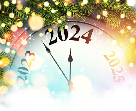 New Year 2024 countdown clock with golden blurred lights and green fir branches. Vector illustration.