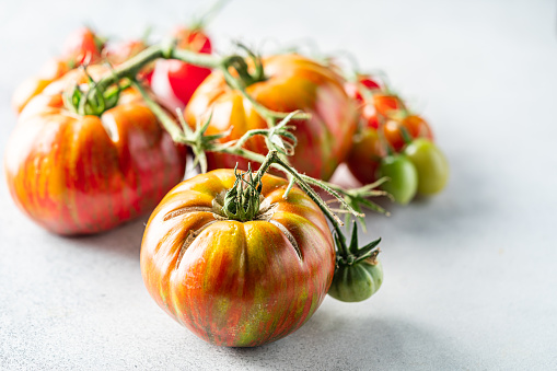 mix colorful tomatoes in summer day. Composition of variety fresh tomatoes. White background.