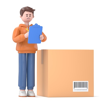 3D illustration of male guy Qadir with clipboard and boxes. 3D rendering on white background.