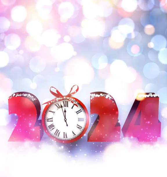 Vector illustration of New Year 2024 countdown clock and red bow over silver background with glisters and defocused lights.