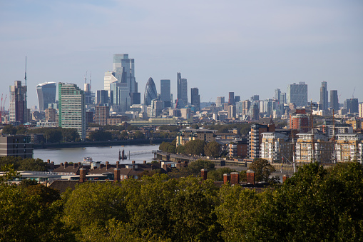 Beautiful cityscape with City of London skyscrapers background at Greenwich Park in Greenwich, the UK