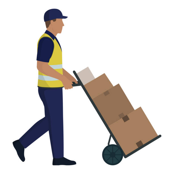stockillustraties, clipart, cartoons en iconen met man pushing a loaded hand cart - vakkenvuller