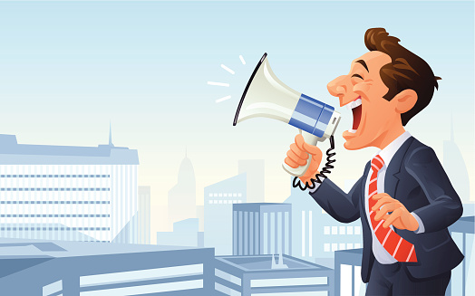 A young businessman shouting into a megaphone. In the background are skyscrapers, office buildings, and a blue sky with space for text. EPS 10- image contains transparencies, grouped and labeled in layers.