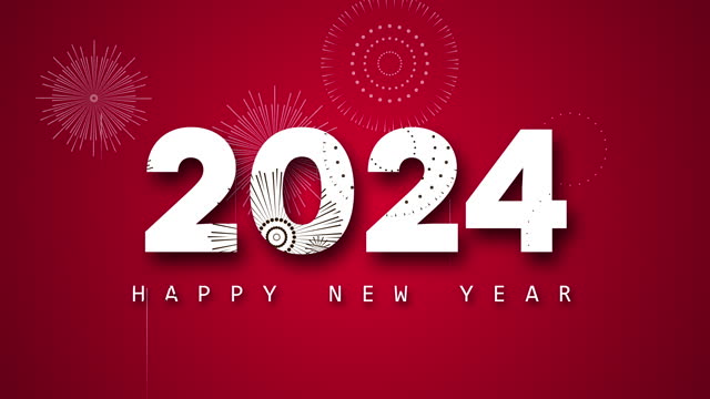 Happy New Year 2024 with fireworks concept on red background