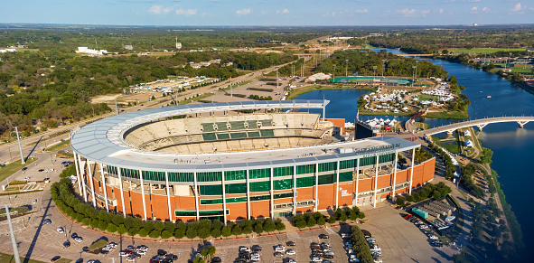 September 26, 2023: Kansas City, Missouri - Aerial view of Kauffman Stadium and Arrowhead Stadium, home to the Kansas City Royals and Kansas City Chiefs respectively.