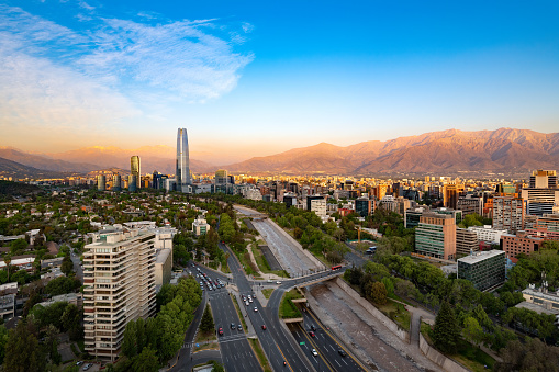 Panoramic view of Santiago de Chile with the Andes mountain range in the back