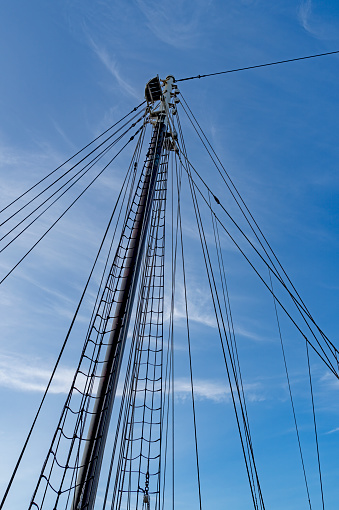 Rigging for a tall ship sailing yacht in Boston Marina.