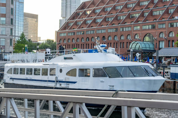 Downtown Boston looking out over the marina towards Downtown district, Boston, Massachusetts, USA.