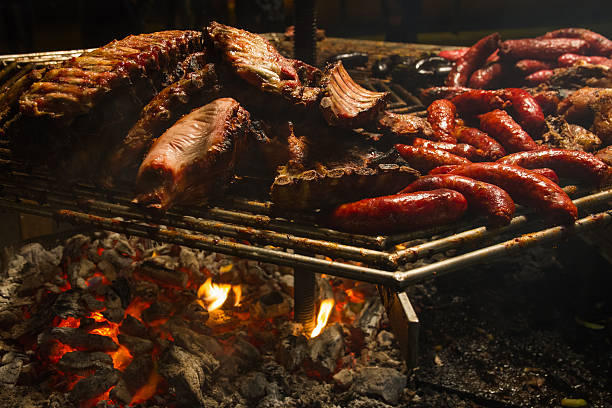 istock lit grill meat - grill lit with meat 175797812