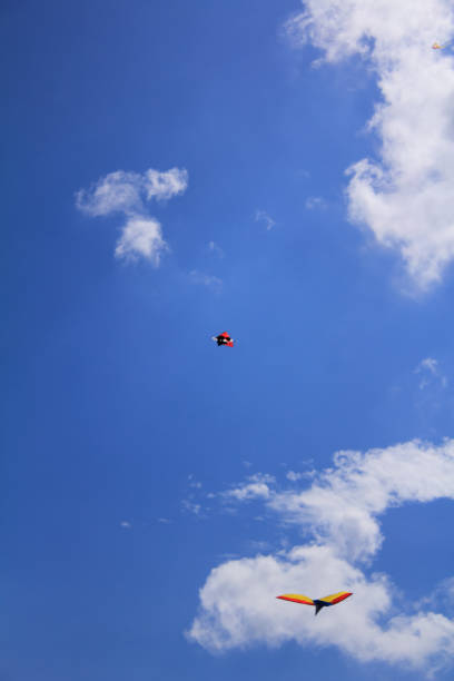 istock Kites flying in the blue sky with white clouds at sunny day, 1757980293