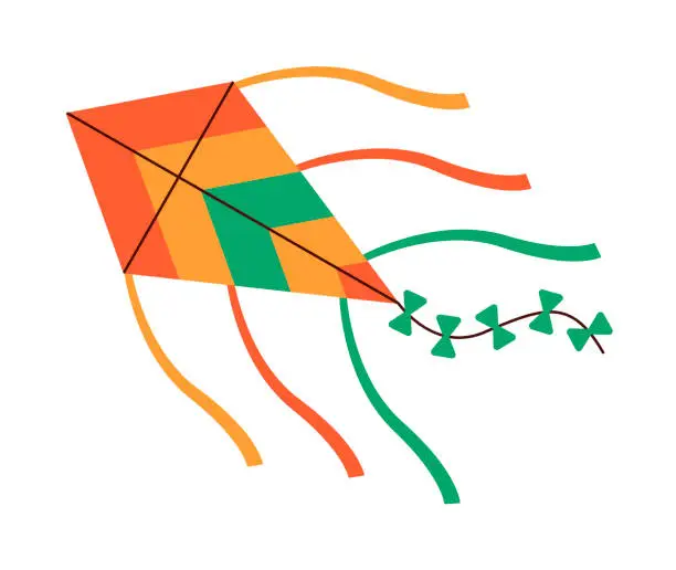 Vector illustration of Wind air paper kite toy, flying tethered object with wings of diamond shape design. Kids summer entertainment.