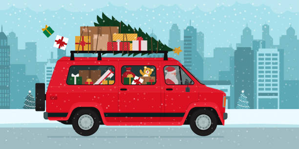 illustrazioni stock, clip art, cartoni animati e icone di tendenza di babbo natale alla guida di un furgone e che trasporta i regali di natale - van delivery van mini van messenger