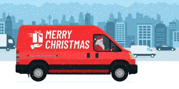 ilustrações, clipart, desenhos animados e ícones de papai noel entregando presentes de natal - van delivery van mini van messenger