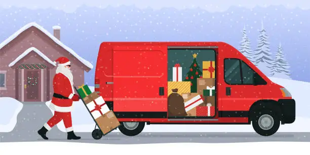 Vector illustration of Santa Claus delivering Christmas gifts